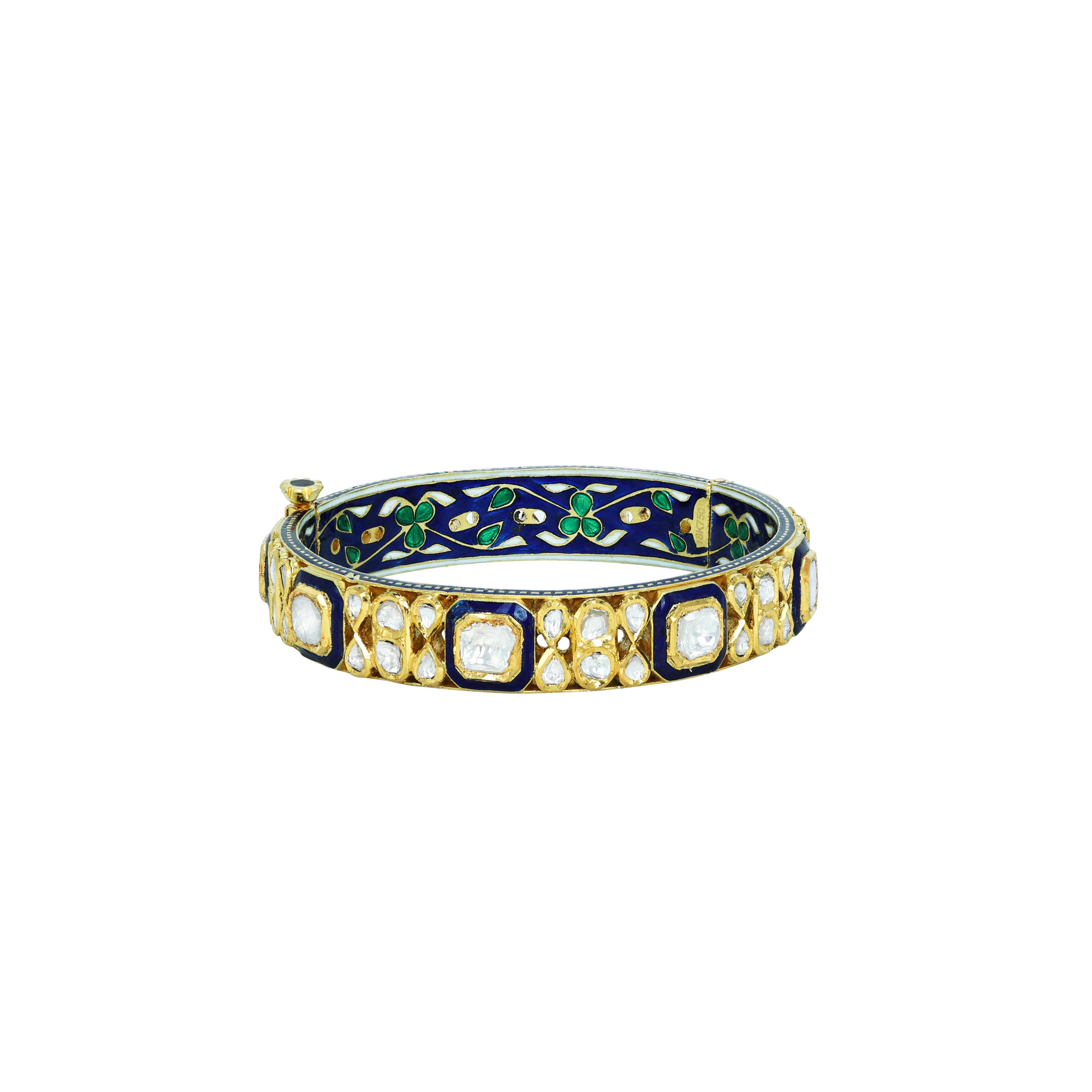Deep Blue Enamel Bangle with Polki Clusters and Borders